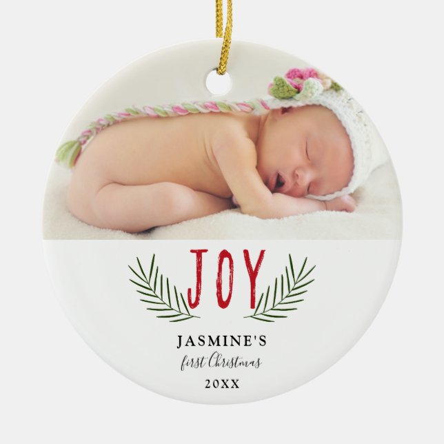 Ornamento De Cerâmica Joy Christmas Baby's First Christmas Photo Elegant (Frente)