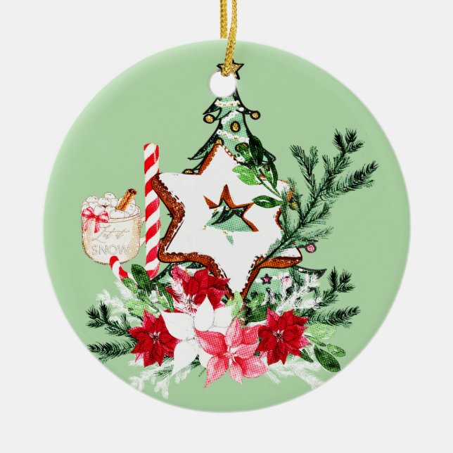 Ornamento De Cerâmica JOY Christmas Tree Flowers Candy Cane (Frente)
