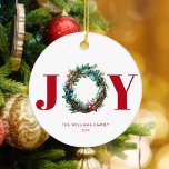 Ornamento De Cerâmica Joy Christmas Wreath Floral<br><div class="desc">Joy Christmas Wreath Floral Holiday Ornament</div>