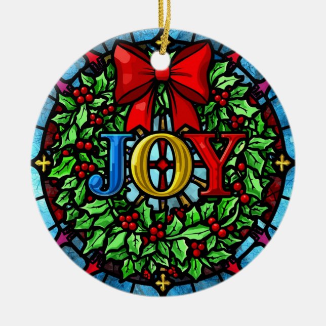Ornamento De Cerâmica Joy Christmas Wreath Stained Glass (Frente)