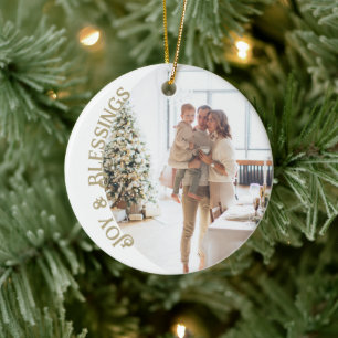 Ornamento De Cerâmica Joy E Bênçãos Foto De Natal Personalizada