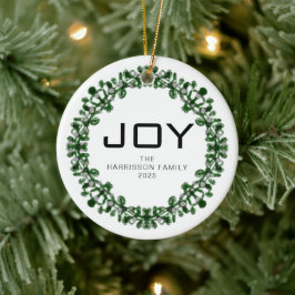 Ornamento De Cerâmica Joy Floral Christmas Wreath Family Name Photo