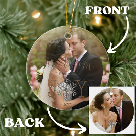 Ornamento De Cerâmica Joy Our First Christmas como Mr & Mrs 2 Photos