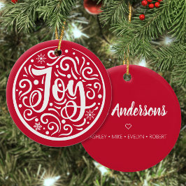 Ornamento De Cerâmica Joy Personalised Family Name Feriado de Natal Verm