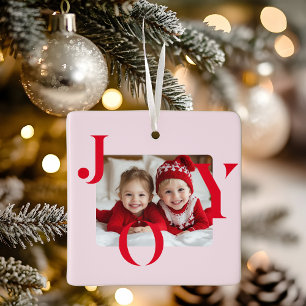 Ornamento De Cerâmica JOY Presente de Foto de Natal Vermelho e Rosa Mo