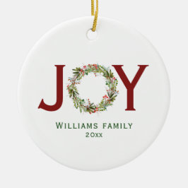 Ornamento De Cerâmica Joy Watercolor Christmas Wreath Family Name