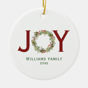 Ornamento De Cerâmica Joy Watercolor Christmas Wreath Family Name