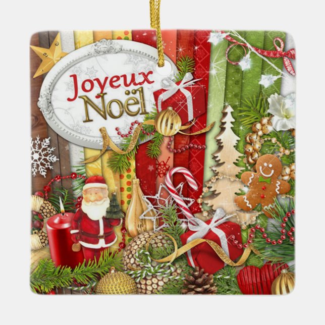 Ornamento De Cerâmica Joyeux Noel (Feliz Natal Francês) (Frente)