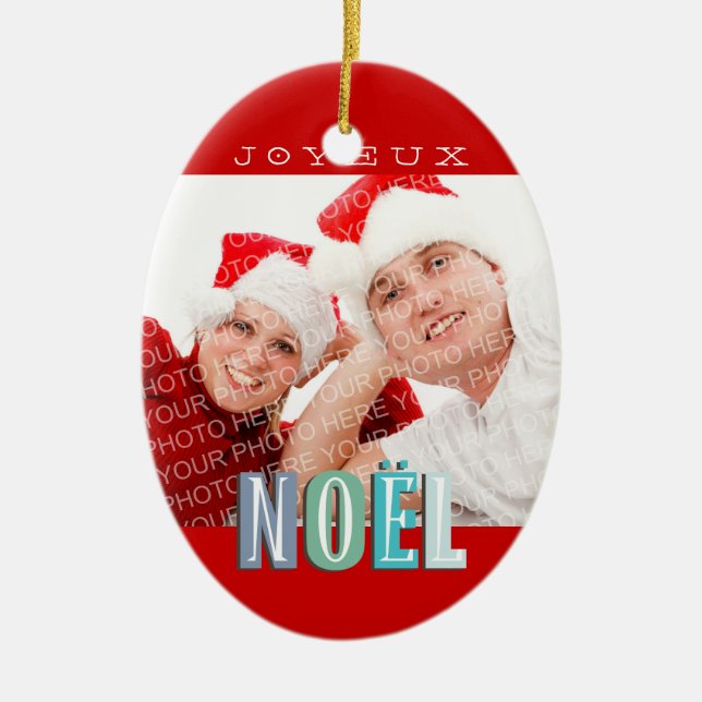 Ornamento De Cerâmica Joyeux Noel funky azul vermelho natal (Frente)