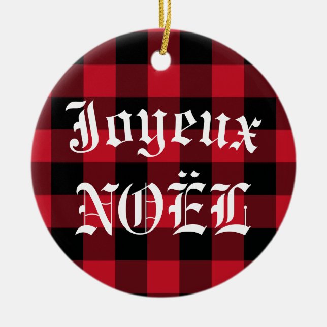 Ornamento De Cerâmica Joyeux Noël Red Black Buffalo Check Xadrez (Frente)