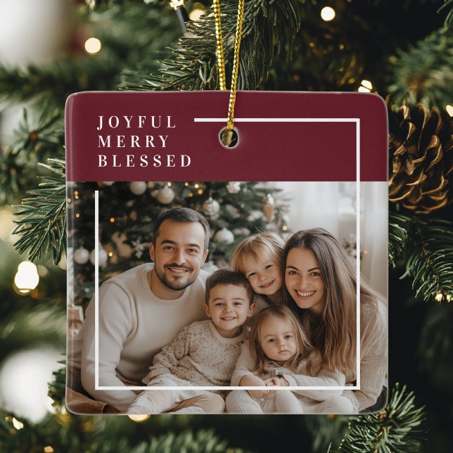 Ornamento De Cerâmica Joyful Merry Blessed Personalized Christmas Photo  (Criador carregado)