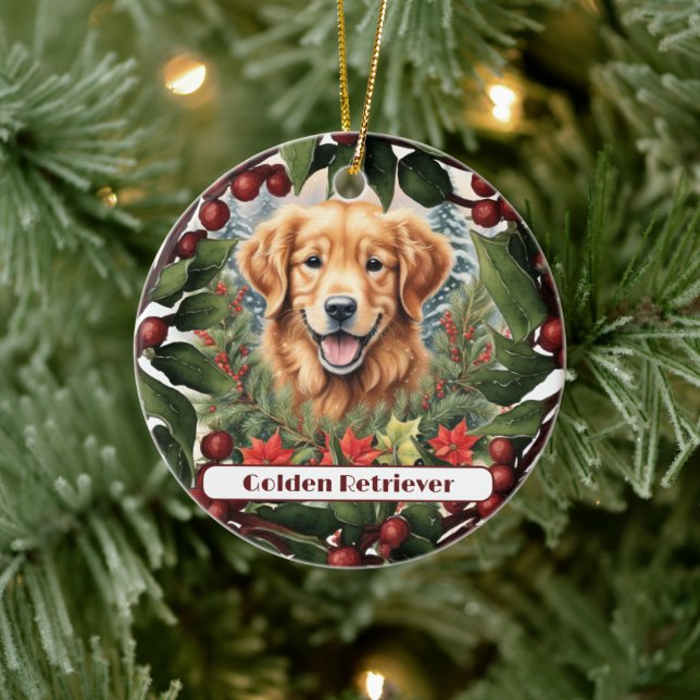 Ornamento De Cerâmica Joyful Ouro Retriever, Natal personalizado (Árvore)