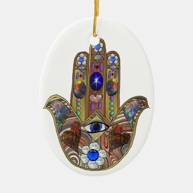 Ornamento De Cerâmica Judaica Hamsa Hearts Flowers Opal Art Impressão (Frente)