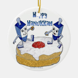 Ornamento De Cerâmica Judaica Happy Hanukkah Dançando Dreidels Doughnut