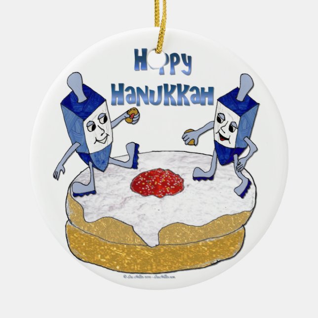 Ornamento De Cerâmica Judaica Happy Hanukkah Dançando Dreidels Doughnut (Frente)