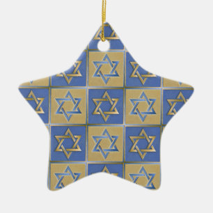 Ornamento De Cerâmica Judaica Star De David Metal Dourado Azul