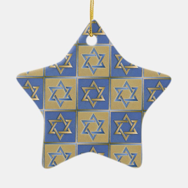 Ornamento De Cerâmica Judaica Star De David Metal Dourado Azul (Frente)
