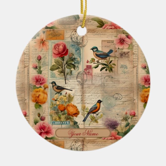 Ornamento De Cerâmica Junk Journal Seite mit Blumen + Vögel -  (Frente)