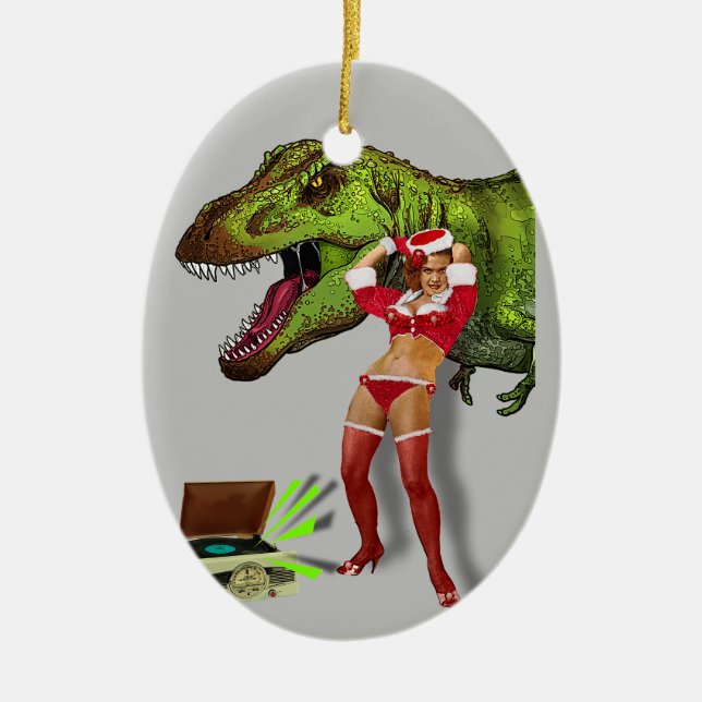 Ornamento De Cerâmica Jurassic Christmas Pin-Up (Frente)