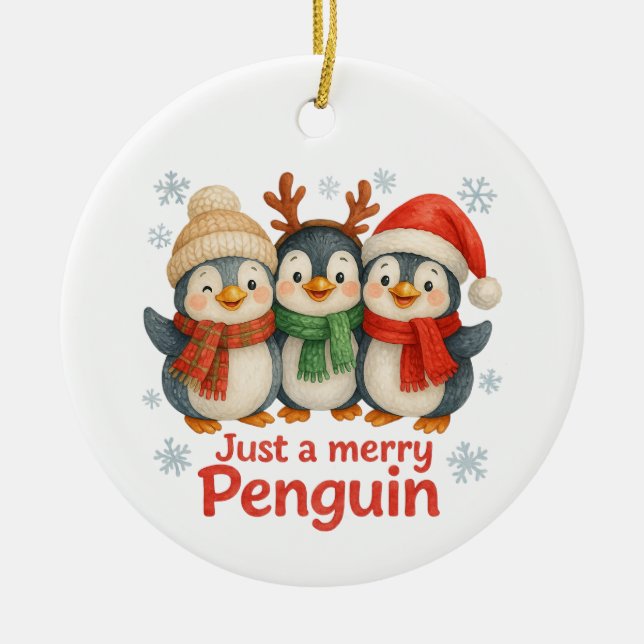 Ornamento De Cerâmica Just a Merry Penguin Christmas Card – Cute Holiday (Frente)