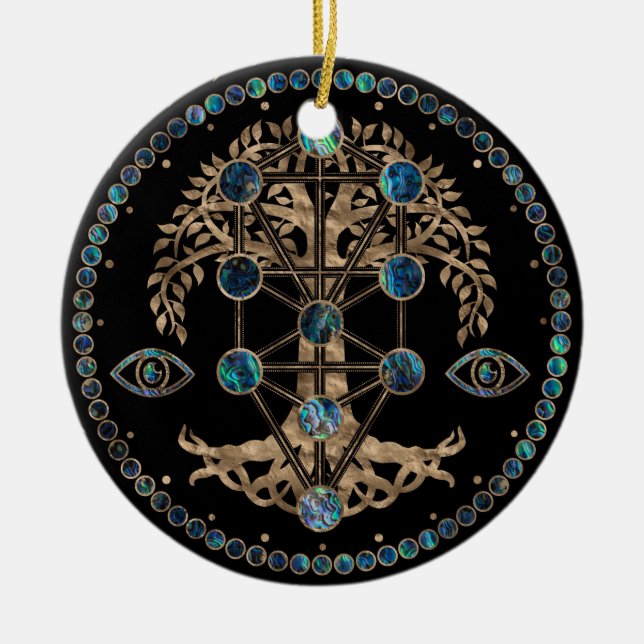 Ornamento De Cerâmica Kabbalah A Árvore da Vida Abalone e Dourado (Frente)