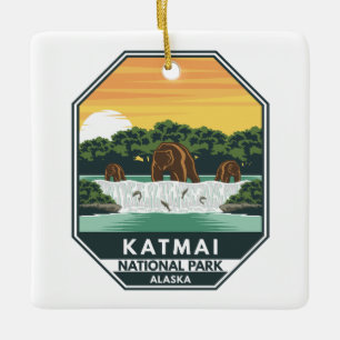 Ornamento De Cerâmica Katmai National Park Grizzly Bears Retro Emblem