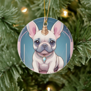 Ornamento De Cerâmica Kawaii French Bulldog Unicorn Pastel rosa