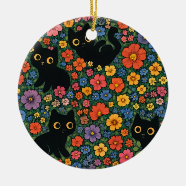 Ornamento De Cerâmica Kawaii Garden Art | Cute Black Cat Floral Pattern (Frente)