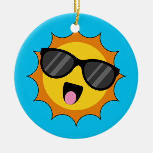 Ornamento De Cerâmica Kawaii Happy Sun com óculos escuros