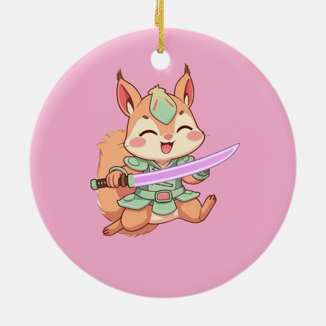 Ornamento De Cerâmica Kawaii Squirrel Samurai. (Traseira)