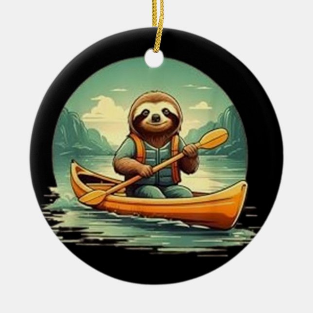 Ornamento De Cerâmica Kayaking Sloth Canoé Amam Animais Engraçados Vinta (Frente)