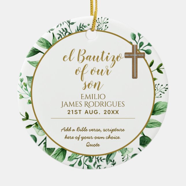 Ornamento De Cerâmica Keepsasaame Baptism BAUTIZO Gift Dourado com Escri (Frente)
