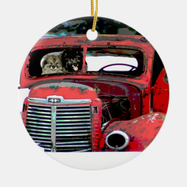 Ornamento De Cerâmica Keeshond Christmas Old Truck Painting Art (Frente)