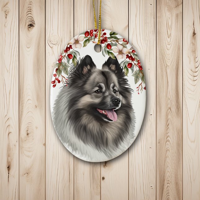Ornamento De Cerâmica Keeshond Dog Holly Berry Natal (Criador carregado)