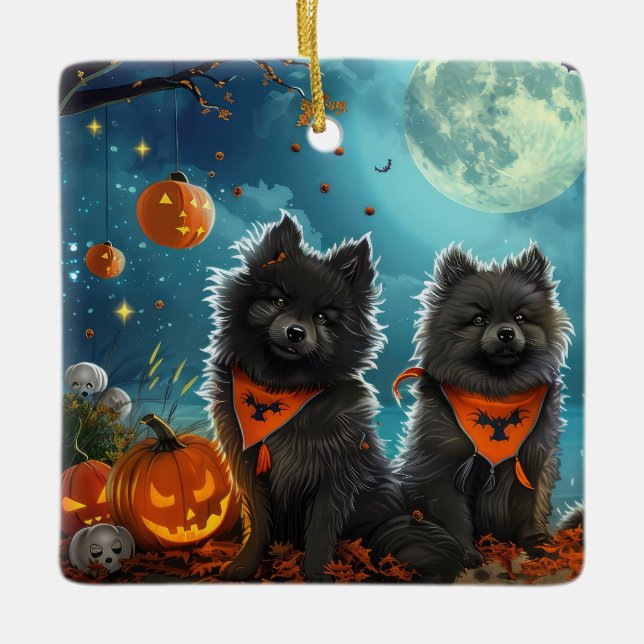 Ornamento De Cerâmica Keeshond Halloween Spooky (Frente)