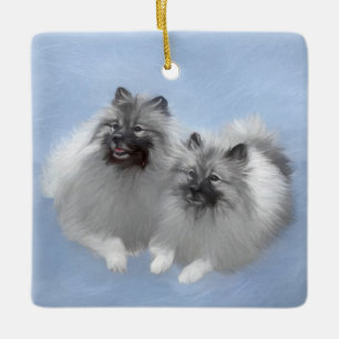 Ornamento De Cerâmica Keeshond Pair de Kees pintando Arte Animal Origina