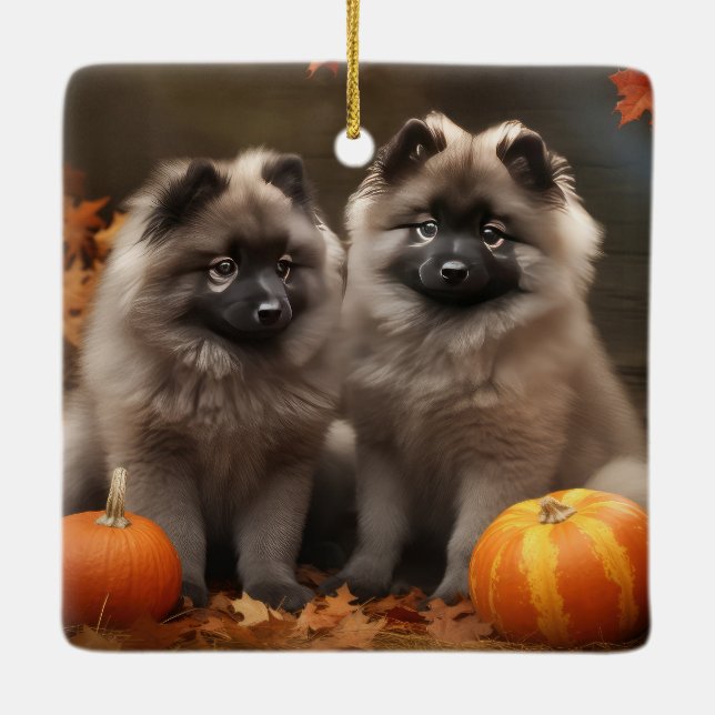 Ornamento De Cerâmica Keeshond Puppy Autumn Delight Pumpkin (Verso)