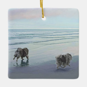 Ornamento De Cerâmica Keeshonds na Arte de Cão de Pintura em Seashore