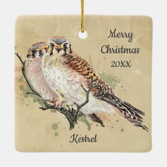 Ornamento De Cerâmica Kestrel de Aquarela de Natal Datado Personalizado, (Verso)