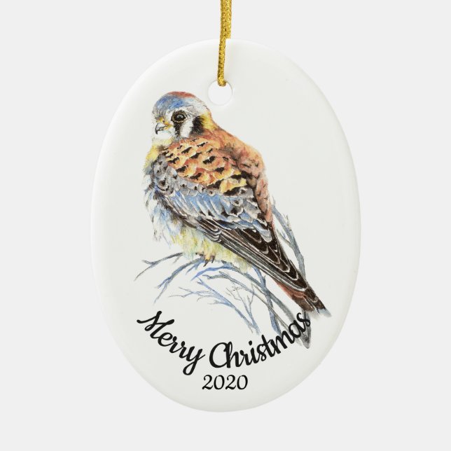 Ornamento De Cerâmica Kestrel de Aquarela de Natal Datado Personalizado, (Frente)