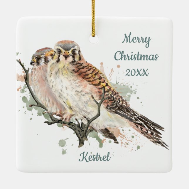 Ornamento De Cerâmica Kestrel de Aquarela de Natal Datado Personalizado, (Verso)