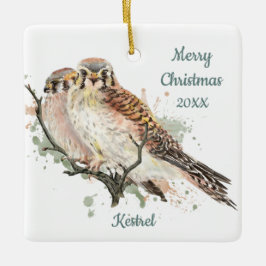 Ornamento De Cerâmica Kestrel de Aquarela de Natal Datado Personalizado,