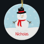 Ornamento De Cerâmica Kids Holiday Snowman Christmas Ornament<br><div class="desc">This holiday ornament features a festive holiday snowman with a red scarf. The background is light blue with falling snowflakes.</div>
