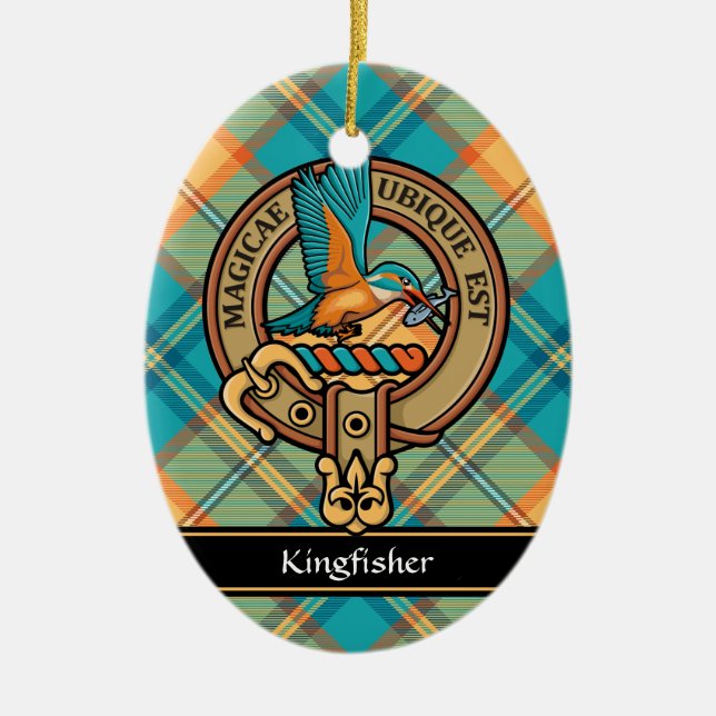 Ornamento De Cerâmica Kingfisher Crest sobre Tartan (Frente)