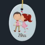 Ornamento De Cerâmica Kissing Couple Customizable Ceramic Ornament<br><div class="desc">Keepsake ornament features a whimsical kissing couple illustration. Perfect for a "first Christmas together" or any other romantic time to memorialize.  Light blue background.  Customize with year or other special text</div>