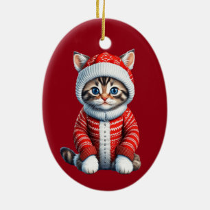 Ornamento De Cerâmica Kitten com um suéter de Natal Vermelho e Branco