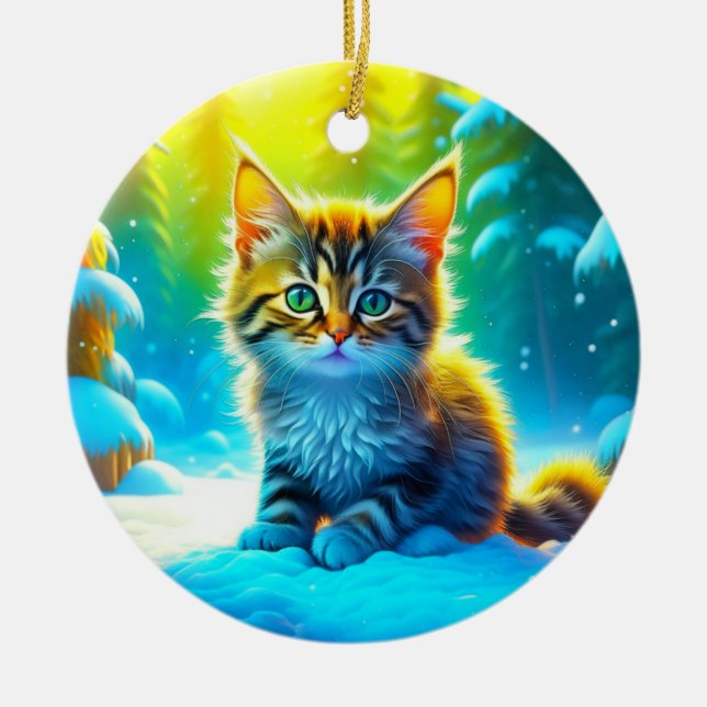 Ornamento De Cerâmica Kitten Doce Brincando na Neve Personalizada (Frente)