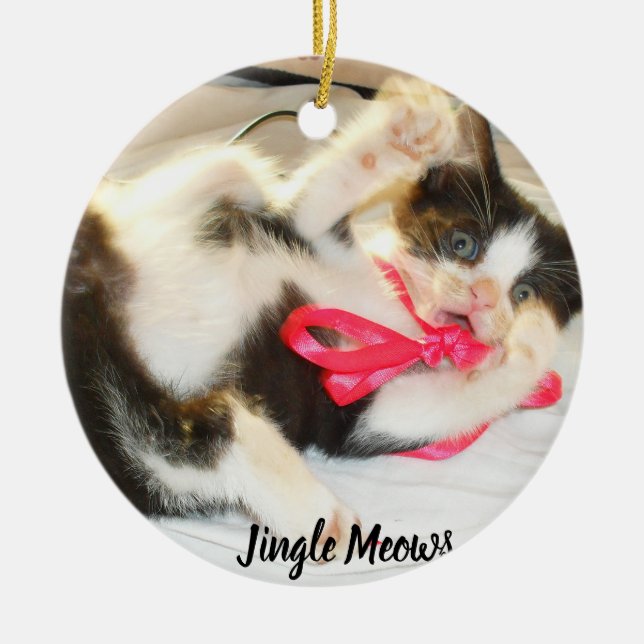 Ornamento De Cerâmica Kitten Photo Text Jingle Meows, Customize,  (Frente)