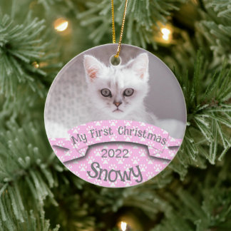Ornamento De Cerâmica Kitten's First Christmas Pink Paw Print