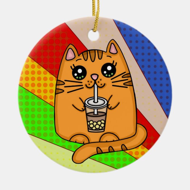 Ornamento De Cerâmica Kitty Cat bebendo Boba Tea (Frente)